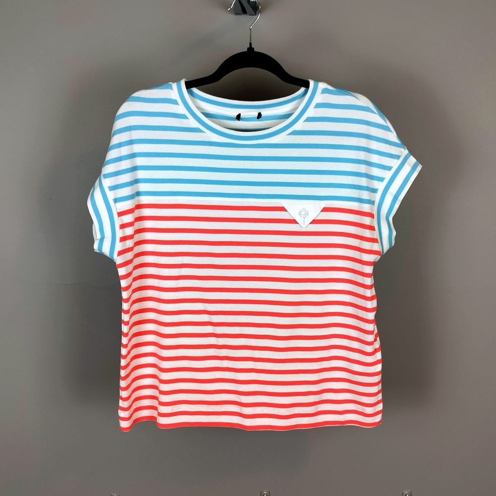 Marc Cain Sports Striped Cotton Blend T-Shirt Size Large Blue Red Colorblock